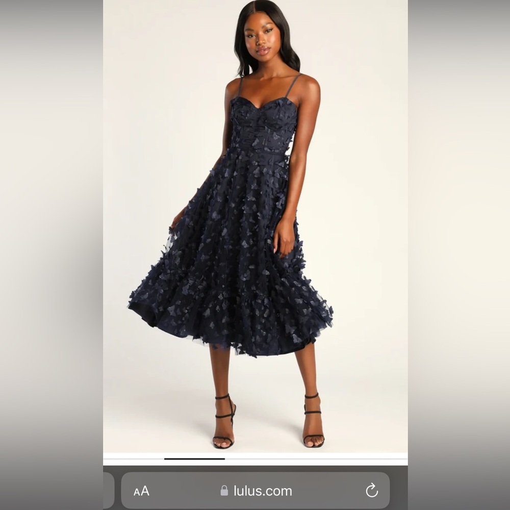 NWT Time to Fly Navy Blue Butterfly Lace-Up Midi Dress